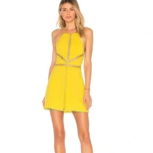NBD Revolve Chels Halter Lace-Up Back Mini Dress Yellow Lattice Cutout S NWT - Picture 1 of 12